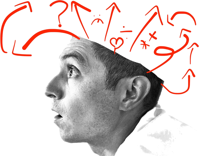 Bryant Benitez in profile, looking up at hand-drawn red arrows and question marks